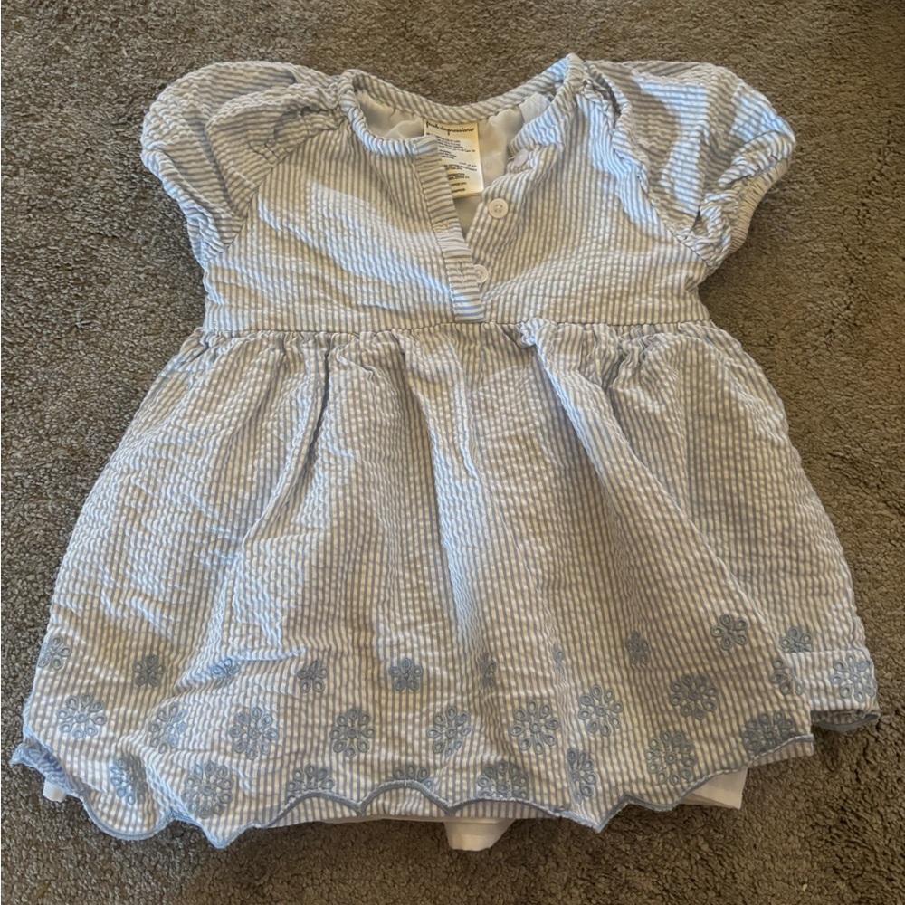 First Impressions Blue and White Striped Seersucker Dress with Floral Hem